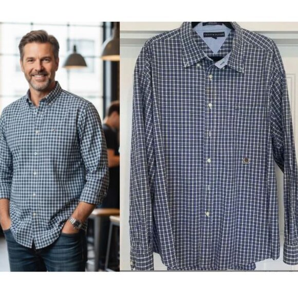 Tommy Hilfiger 100% Cotton Plaid Check Button Long Sleeve Classic Fit Shirt XXL - Picture 1 of 10